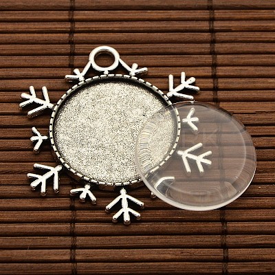 25x4mm Dome Transparent Glass Cabochons and Christmas Ornaments Antique Silver Alloy Snowflake Pendant Cabochon Settings DIY DIY-X0181-AS-1