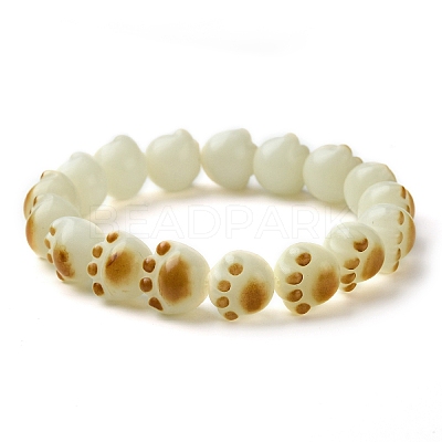 Cat Paw Print Natural Bodhi Root Beaded Stretch Bracelet BJEW-TA00457-1