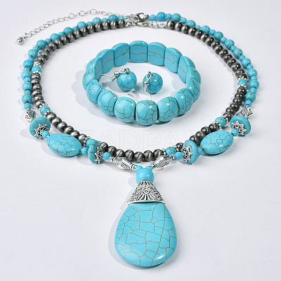 Teardrop Synthetic Turquoise Pendant Necklaces & Dangle Earrings & Stretch Bracelets Sets FS-WGCD8C0-01-1