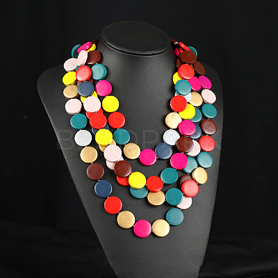 Bohemian Style Flat Round Wood Beaded Multilayer Necklaces for Women WG93846-03-1