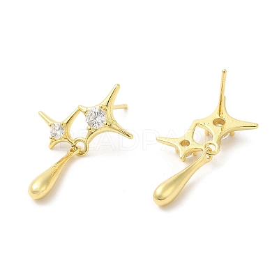 Rack Plating Brass Pave Cubic Zirconia Star with Teardrop Dangle Stud Earrings for Women EJEW-D059-25G-1