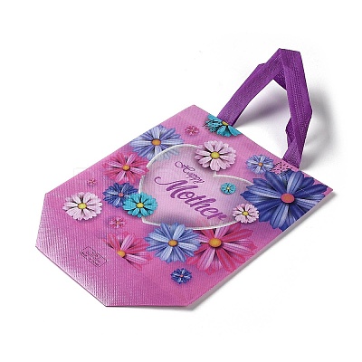 Mother's Day Theme Printed Flower Non-Woven Reusable Folding Gift Bags with Handle ABAG-F009-C02-1