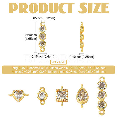 20Pcs 5 Styles Brass Pave Clear Cubic Zirconia Links Connector Charms KK-FS0002-05-1