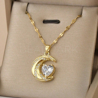 Moon & Heart 304 Stainless Steel Micro Pave Clear Cubic Zirconia Pendant Necklaces FS-WG967E3-01-1