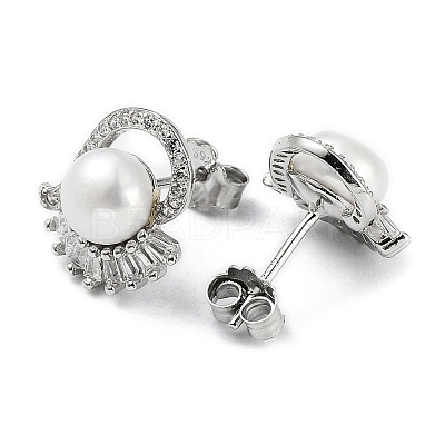 Anti-Tarnish Cubic Zirconia Heart with Natural Pearl Stud Earrings EJEW-F318-10P-1