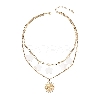 304 Stainless Steel Moon Sun & Natural Freshwater Shell Star Pendant Double Layer Necklaces for Women NJEW-JN05404-1
