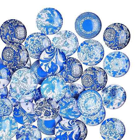 50Pcs Blue and White Printed Glass Cabochons GGLA-SZ0001-23-1