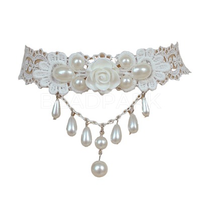 Iron Resin Polyester Lace Ribbon PE Teardrop Tassel Choker Necklaces FS-WGF6CA4-01-1