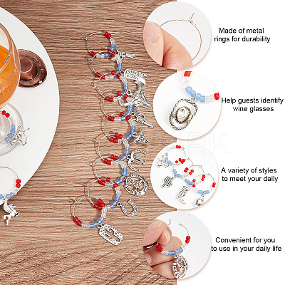 20Pcs 20 Style Cowboy Theme Alloy Wine Glass Charms with Glass Beads AJEW-BC0003-77-1