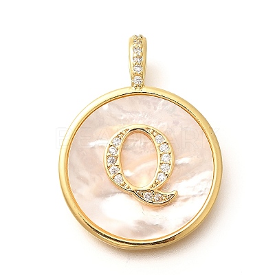 Rack Plating Brass Micro Pave Clear Cubic Zirconia Pendants with Shell KK-M309-42G-Q-1