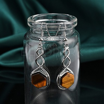 Hexagon Natural Tiger Eye Dangle Earrings EJEW-K298-01P-12-1