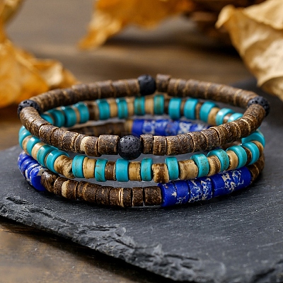 Synthetic Turquoise & Regalite & Coconut Shell Bead Stretch Bracelets Sets PW-WG7E5E9-01-1
