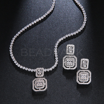 Square Brass Micro Pave Clear Cubic Zirconia Pendant Necklaces & Stud Dangle Earrings Sets FS-WG98D1F-01-1