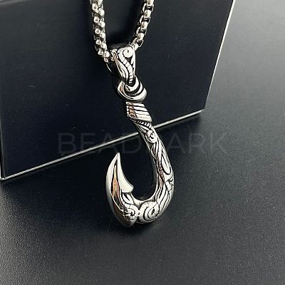 Retro 304 Stainless Steel Fish Hook Pendant Ocean Punk Necklace Jewelry YW0137-1