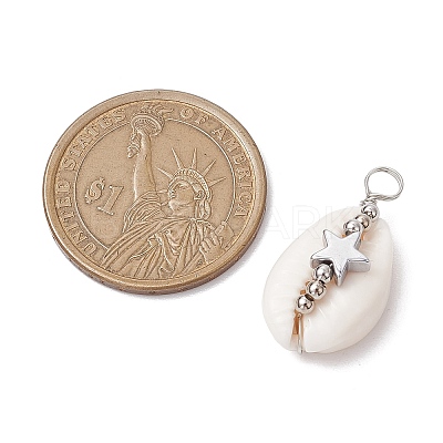 6Pcs 6 Styles Natural Cowrie Shell Copper Wire Wrapped Star & Heart & Round Pendants PALLOY-JF02938-1