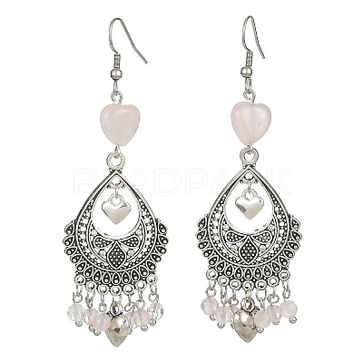Natural Rose Quartz Heart Chandelier Earrings EJEW-JE05364-01-1