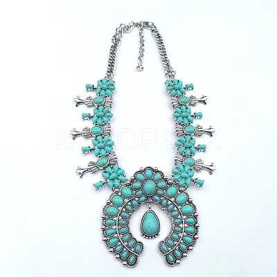 Alloy & Synthetic Turquoise Boho Flower Squash Bib Necklaces for Women FS-WGADD2A-01-1