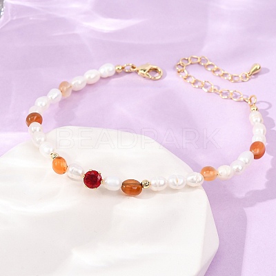 Natural Carnelian Chip and Rice Natural Pearl Beaded Bracelets GG-CBA3297-13G-A-1