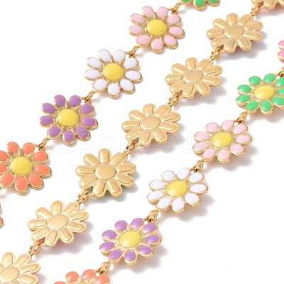 Ion Plating(IP) 304 Stainless Steel Daisy Flower Link Chains with Enamel AJEW-J035-03G-13-1