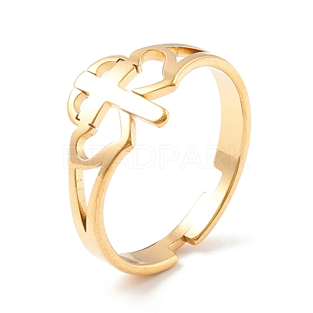 Double Heart with Cross 304 Stainless Steel Adjustable Ring for Women RJEW-B035-06G-1