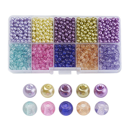 Lavender Garden Mixed Crackle Glass & Glass Pearl Bead Sets HY-X0009-4mm-01-1