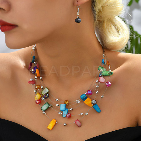 Bohemian Style Alloy & Shell Nuggets Beaded Multilayer Necklaces & Dangle Earrings Sets FS-WG9A8A7-01-1