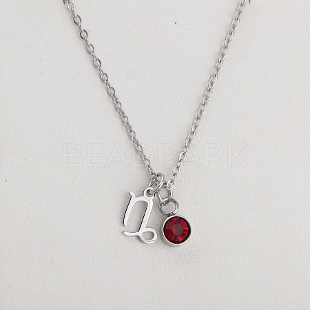 304 Stainless Steel Light Siam Rhinestone Birth Stone Constellation Pendant Necklaces FS-WG76580-13-1