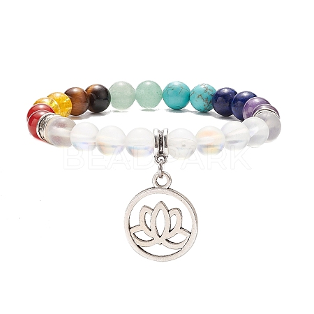 Synthetic Moonstone & Mixed Gemstone Stretch Bracelet with Alloy Lotus Charms BJEW-TA00134-02-1