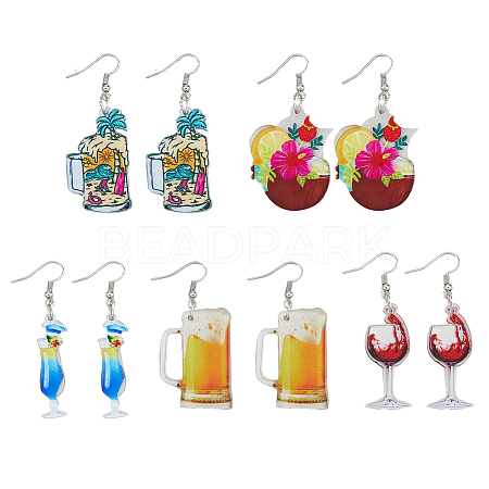 FIBLOOM 5 Pairs 5 Styles Acrylic Wine Glass Dangle Earrings with 304 Stainless Steel Pins EJEW-FI0001-68-1