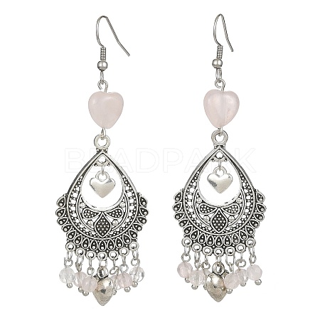 Natural Rose Quartz Heart Chandelier Earrings EJEW-JE05364-01-1