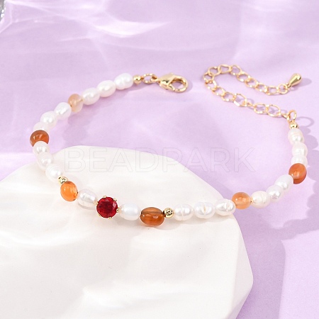 Natural Carnelian Chip and Rice Natural Pearl Beaded Bracelets GG-CBA3297-13G-A-1