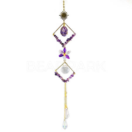 Wire Wrapped Natural Amethyst Chips & Metal Rhombus Hanging Ornaments PW-WG8E26C-01-1