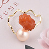 Natural Pearl with Jade Flower Open Cuff Ring RJEW-T026-02G-3
