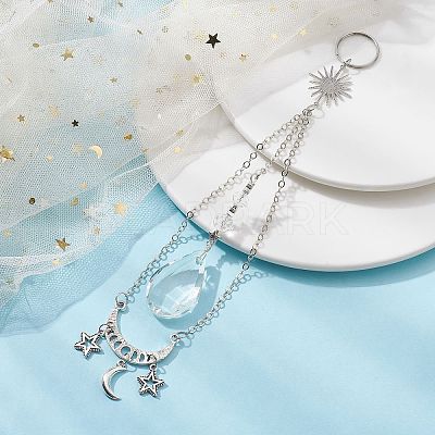 Moon & Sun & Star Alloy & Brass with Glass Teardrop Hanging Pendant Decorations HJEW-JM01302-1