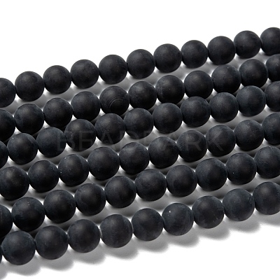 Grade A Round Frosted Natural Black Agate Beads Strands X-G447-4-1