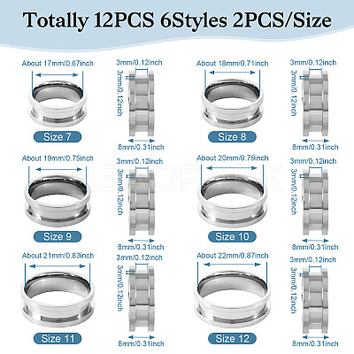 12Pcs 6 Styles 201 Stainless Steel Grooved Finger Ring Settings RJEW-TA0001-04P-1