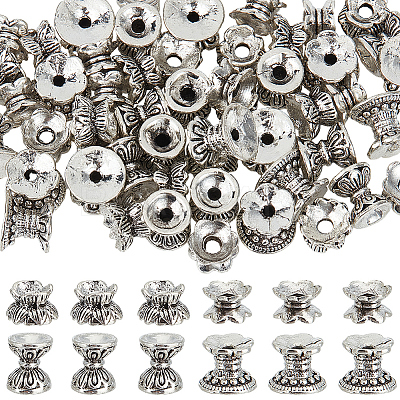64Pcs 4 Styles Tibetan Style Alloy Bead Caps FIND-SC0009-51-1