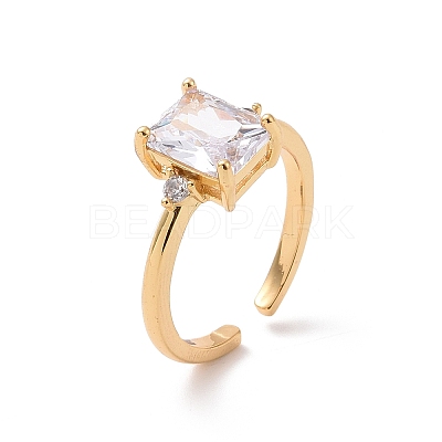 Clear Cubic Zirconia Rectangle Open Cuff Ring RJEW-P034-12G-1