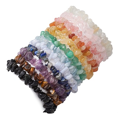 12Pcs Natural & Synthetic Gemstone Chip Beaded Stretch Bracelets BJEW-JB11133-1