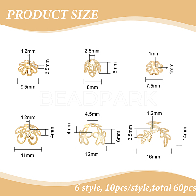 60Pcs 6 Style Brass Bead Caps KK-BC0010-44-1