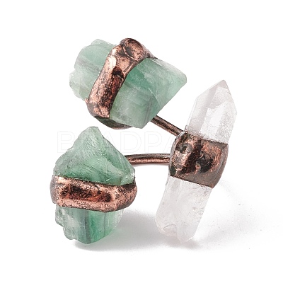 Natural Fluorite & Quartz Crystal Irregular Nugget Open Cuff Ring RJEW-I082-07R-03-1