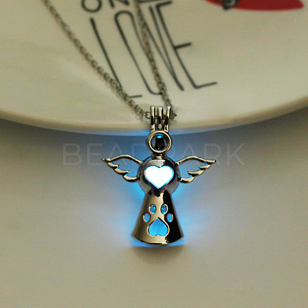 Alloy Angel Cage Pendant Necklace with Luminous Plastic Beads LUMI-PW0001-075P-02-1