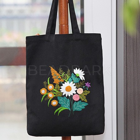 DIY Flower Pattern Black Canvas Tote Bag Embroidery Kit PW23050687857-1