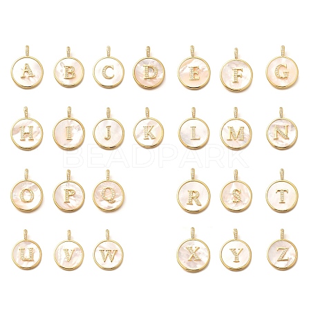 Rack Plating Brass Micro Pave Clear Cubic Zirconia Pendants with Shell KK-M309-41G-1
