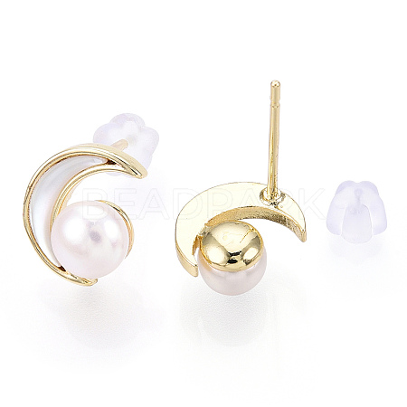Crescent Moon Natural White Shell & Pearl Stud Earrings PEAR-N020-05N-1