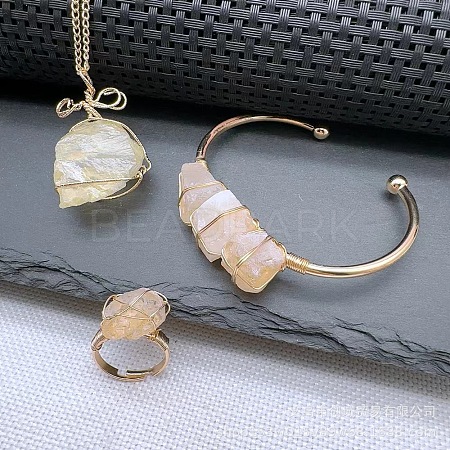 Wire Wrapped Nuggets Natural Yellow Quartz Pendant Necklace & Cuff Bangle & Rings Sets FS-WG99384-03-1