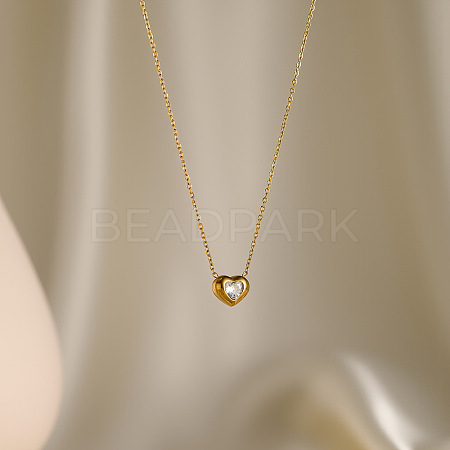 304 Stainless Steel Pave Cubic Zirconia Heart Pendant Cable Chain Necklaces for Women WG320DC-01-1
