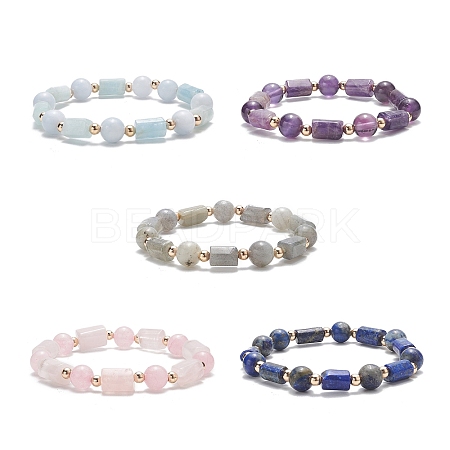 Natural Mixed Gemstone Column & Round Stretch Bracelet for Women BJEW-JB09351-1