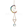 Wire Wrapped Gemstone Chip & Brass Moon Pendant Decoration HJEW-TA00089-1