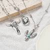 3Pcs 3 Styles Retro Alloy Synthetic Turquoise Cow Head/Cactus/Oval Pendant Satellite Chain Necklace Sets for Women NJEW-B120-01C-4